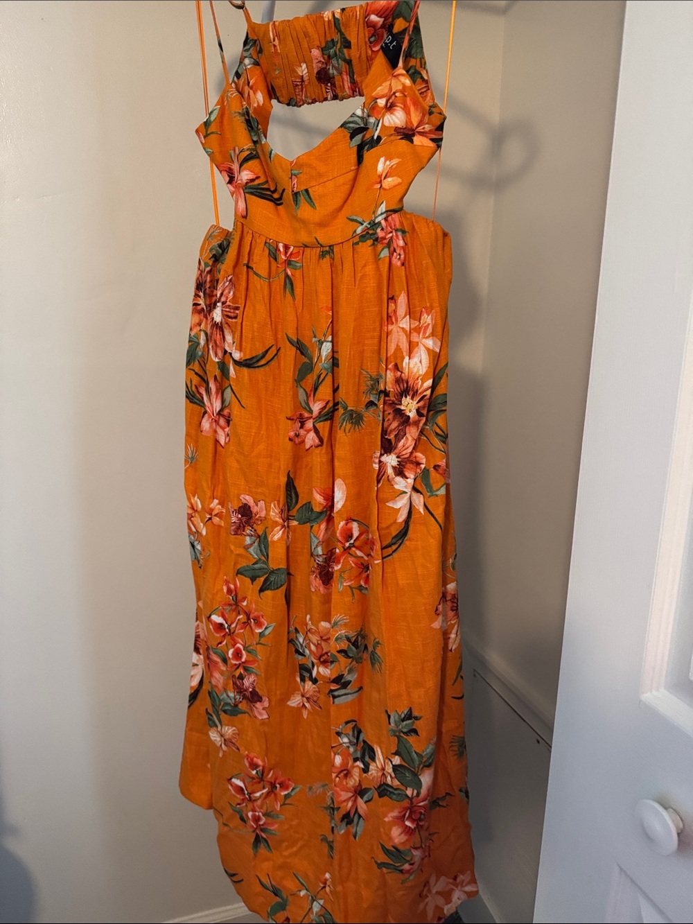 Women’s Orange Floral Backless Maxi Dress with Spaghetti Straps